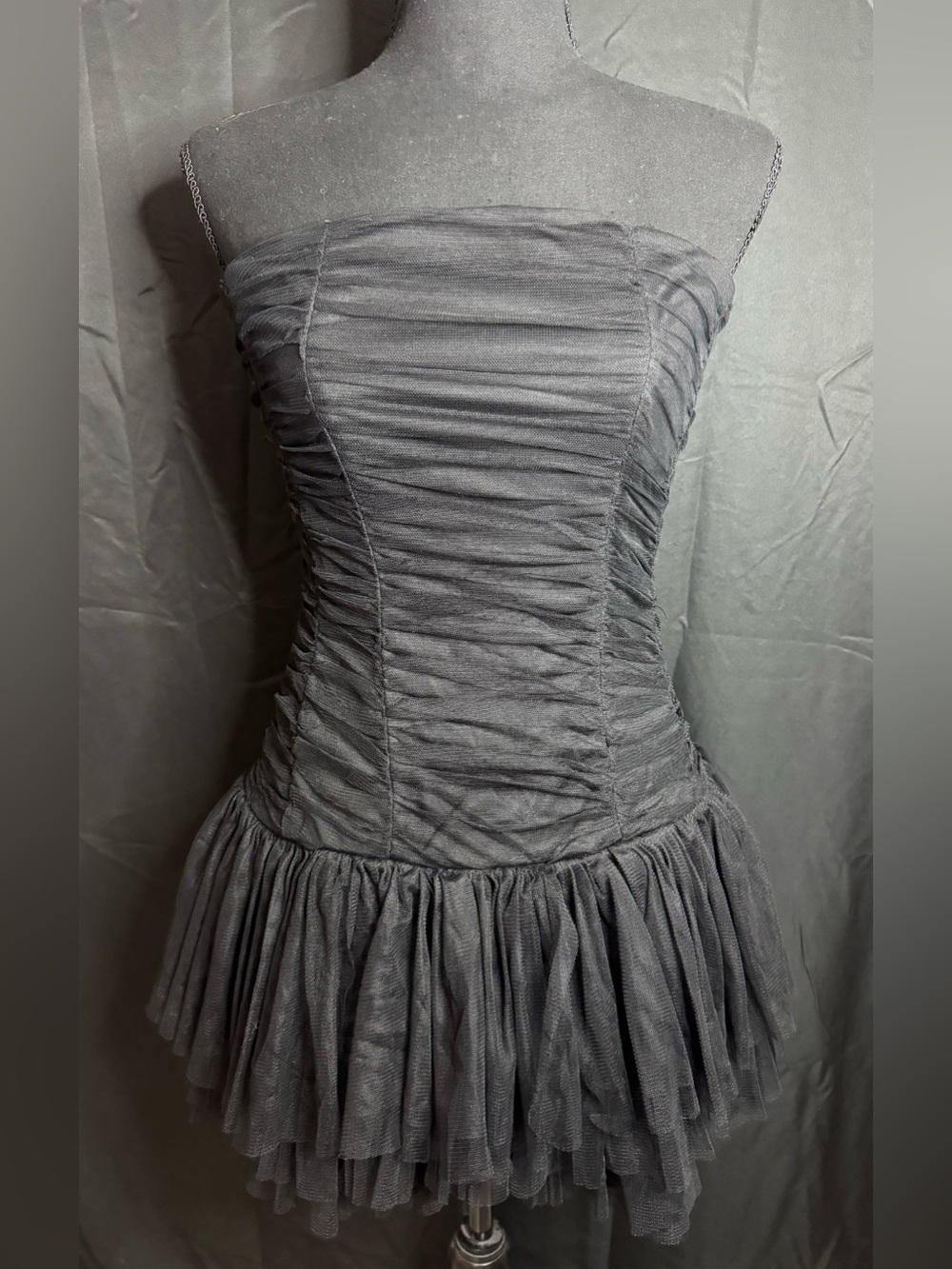 Poetry Clothing Black Strapless Ruched Bodice Tiered Tulle Skirt Dress Medium